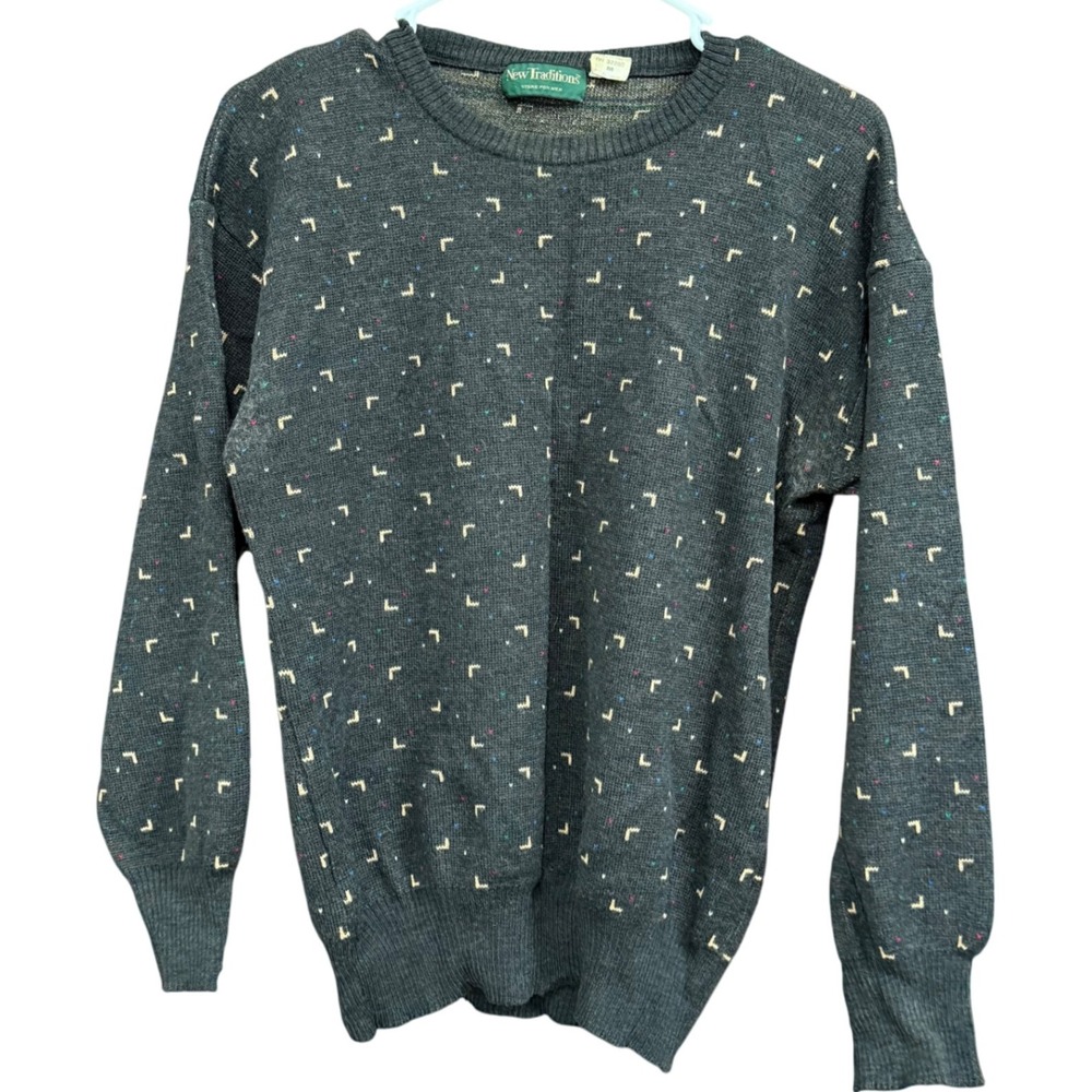 New Traditions Vintage Gray Wool Blend Crew Neck Patterned Knit Sweater‎